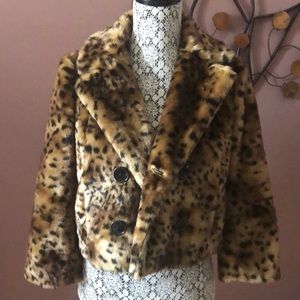 LOFT Animal Print Leopard Brown Tan Cropped Faux Fur Jacket size XS Like New
